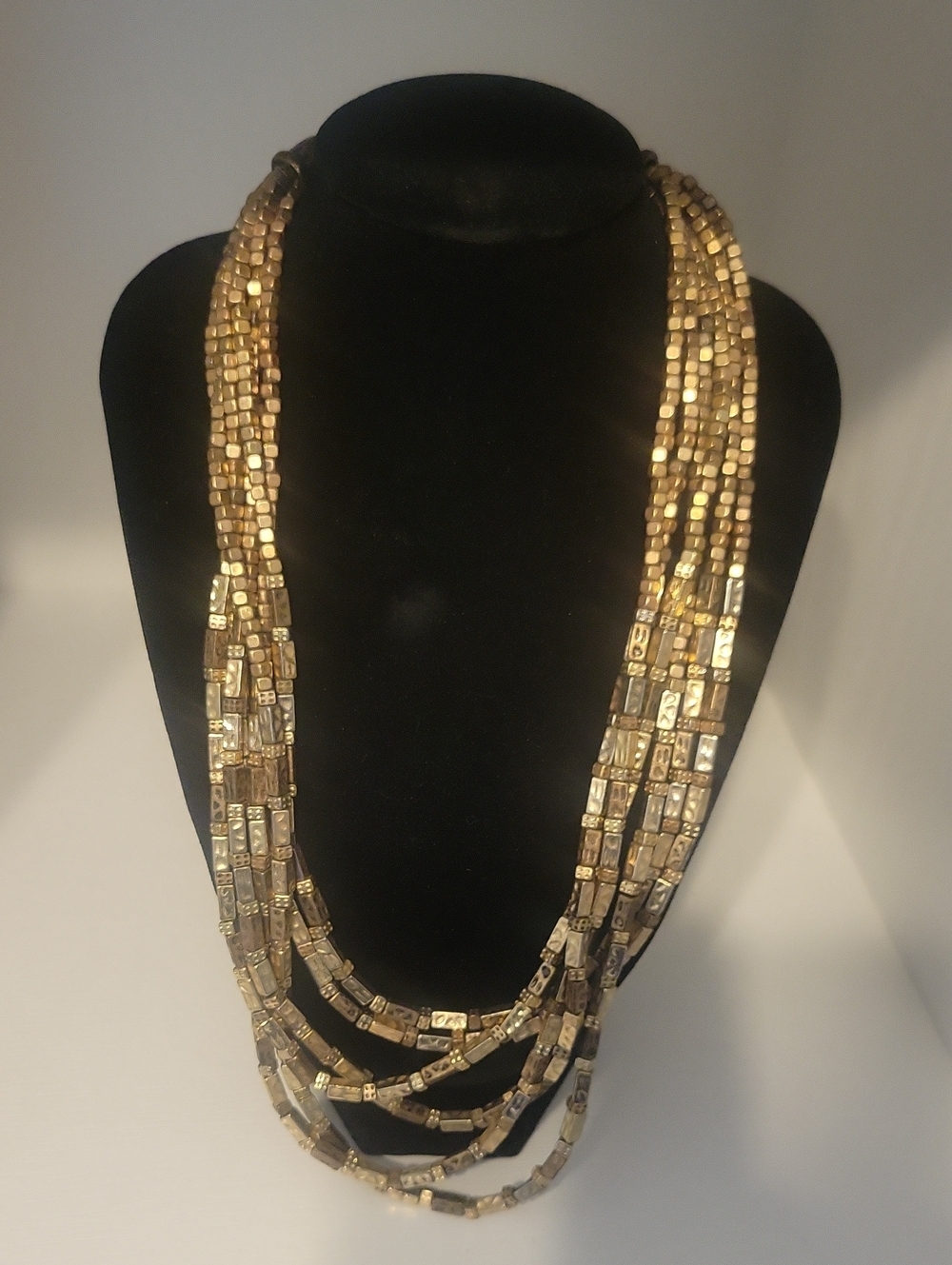 Vintage Signed CHICO'S Gold Tone Box Bar Bead Multi-Strand Statement Necklace